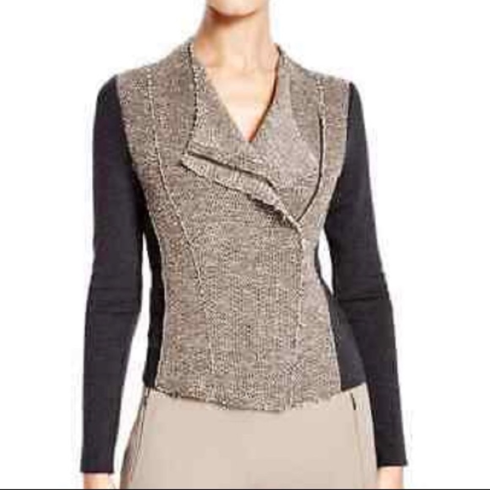 Elie Tahari Tweed Mixed Media Asymmetrical Moto Jacket Size Small EUC